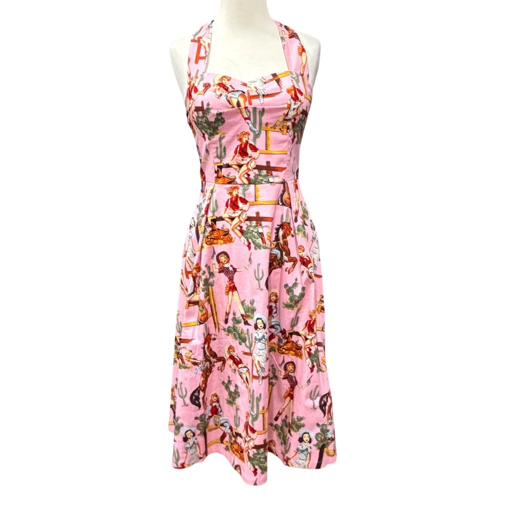 Womens Vintage Style Pink Novelty Print Rockabilly Cowgirl Western Pinup Size S